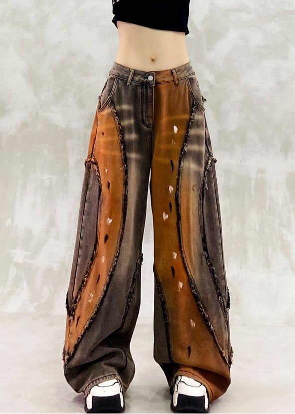 Stylish Khaki Oversized Patchwork Denim Pants Trousers Spring