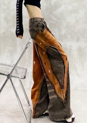 Stylish Khaki Oversized Patchwork Denim Pants Trousers Spring