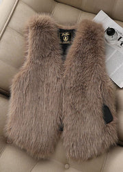 Stylish Khaki Oversized Warm Faux Fur Vests Winter