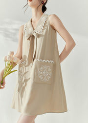 Stylish Khaki Peter Pan Collar Bow Print Mid Dress Sleeveless