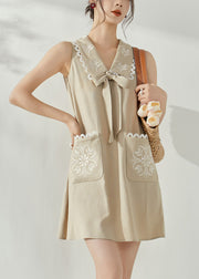 Stylish Khaki Peter Pan Collar Bow Print Mid Dress Sleeveless