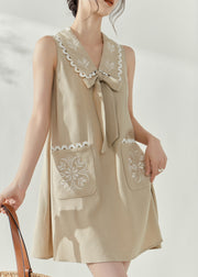 Stylish Khaki Peter Pan Collar Bow Print Mid Dress Sleeveless