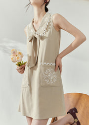 Stylish Khaki Peter Pan Collar Bow Print Mid Dress Sleeveless
