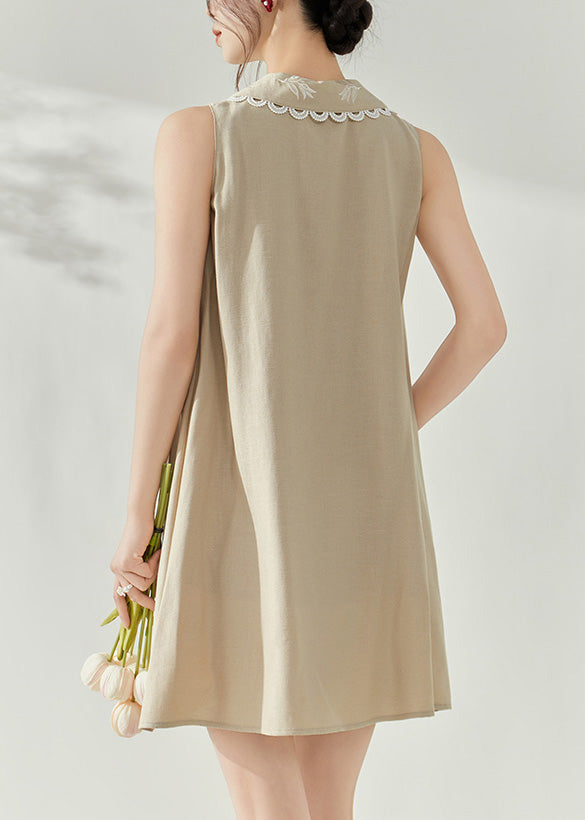 Stylish Khaki Peter Pan Collar Bow Print Mid Dress Sleeveless