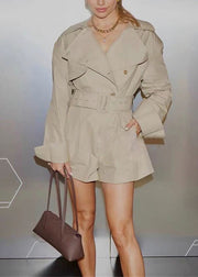 Stylish Khaki Peter Pan Collar Sashes Cotton Jumpsuits Fall