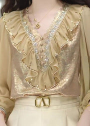 Stylish Khaki V Neck Ruffled Chiffon Shirt Fall