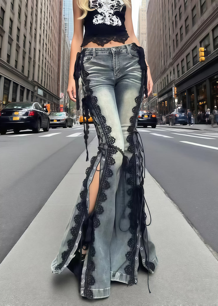 Stylish Lace Patchwork Side Open Denim Bell-bottom Trousers Summer