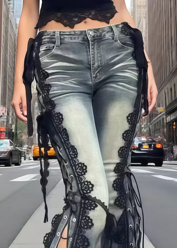 Stylish Lace Patchwork Side Open Denim Bell-bottom Trousers Summer