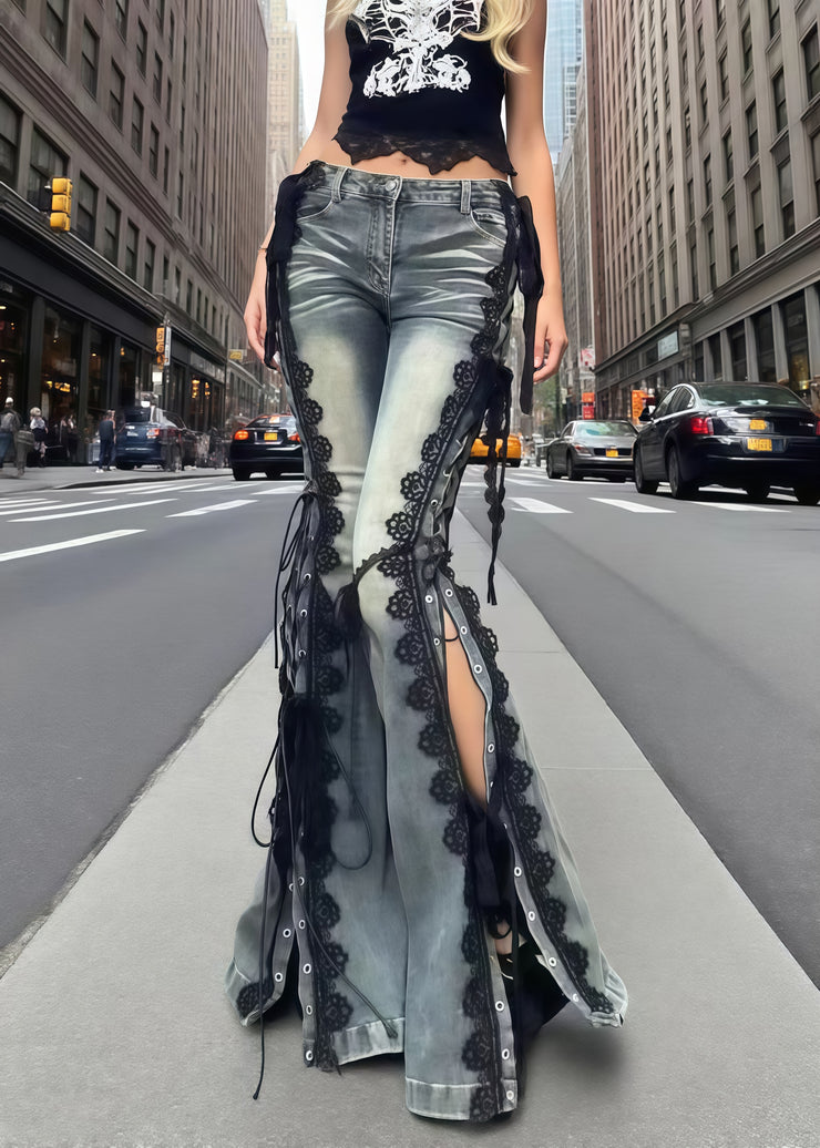Stylish Lace Patchwork Side Open Denim Bell-bottom Trousers Summer