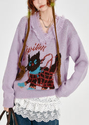 Stylish Lavender Tasseled Cat Jacquard Knit Sweaters Winter