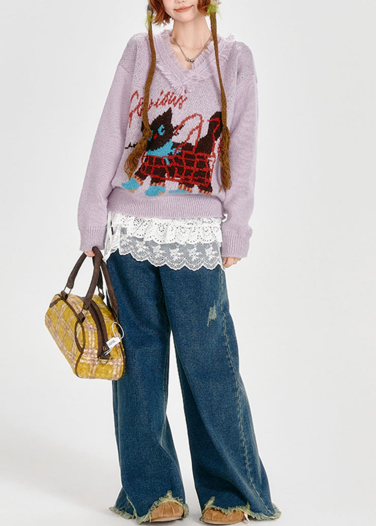 Stylish Lavender Tasseled Cat Jacquard Knit Sweaters Winter