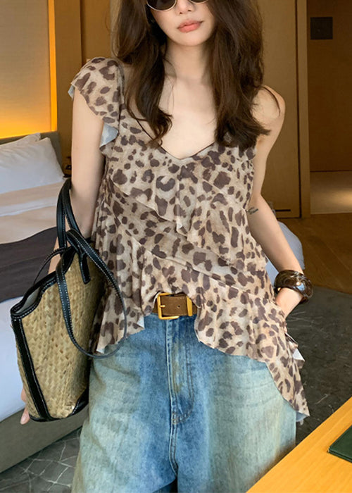 Stylish Leopard Asymmetrical Ruffled Tulle Top Sleeveless