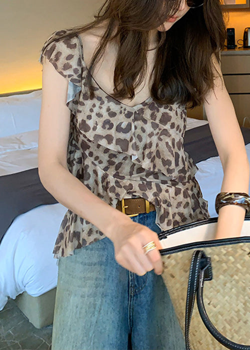 Stylish Leopard Asymmetrical Ruffled Tulle Top Sleeveless