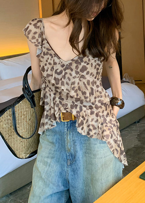 Stylish Leopard Asymmetrical Ruffled Tulle Top Sleeveless