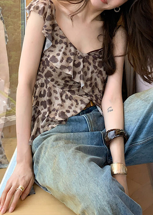 Stylish Leopard Asymmetrical Ruffled Tulle Top Sleeveless