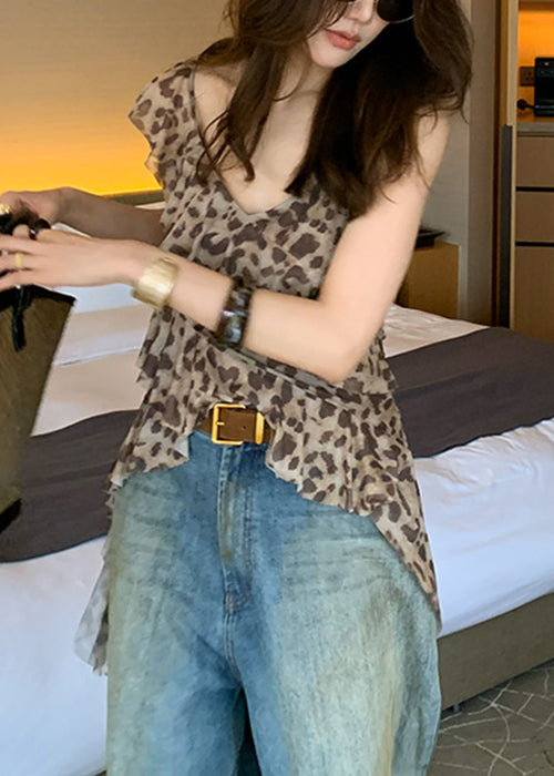 Stylish Leopard Asymmetrical Ruffled Tulle Top Sleeveless