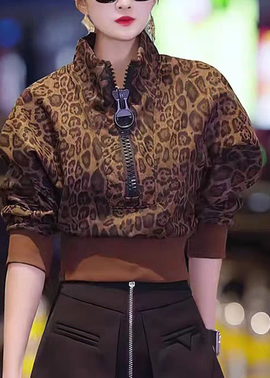 Stylish Leopard Stand Collar Zip Up Patchwork Cotton Top Fall