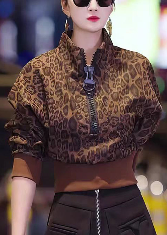 Stylish Leopard Stand Collar Zip Up Patchwork Cotton Top Fall
