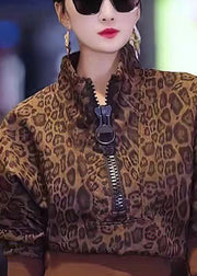 Stylish Leopard Stand Collar Zip Up Patchwork Cotton Top Fall