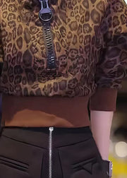 Stylish Leopard Stand Collar Zip Up Patchwork Cotton Top Fall