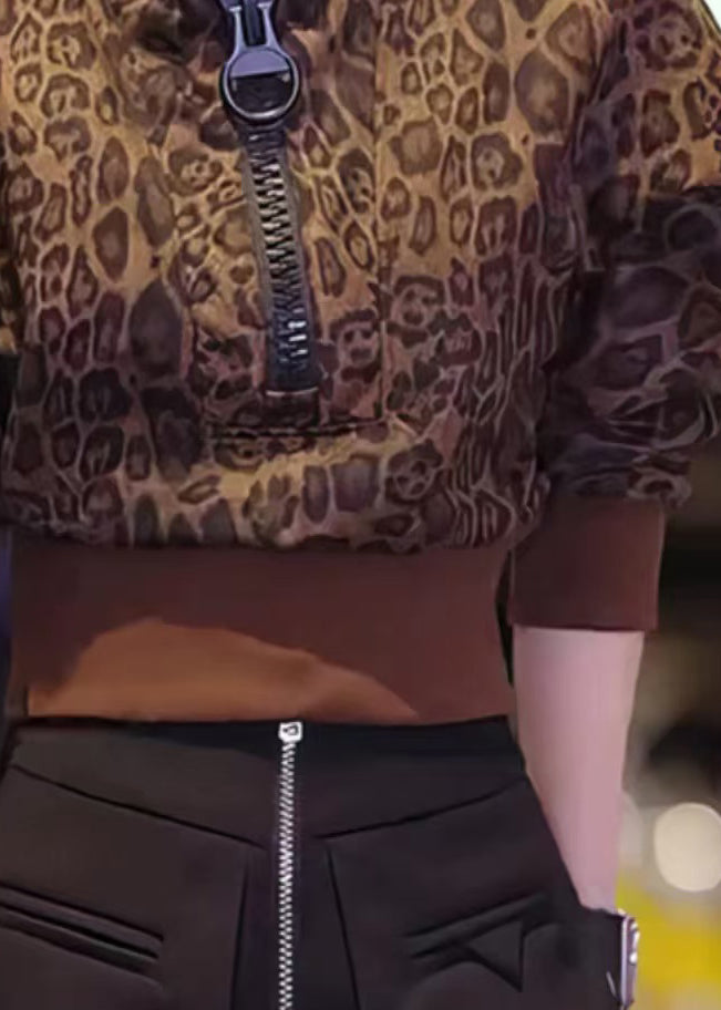 Stylish Leopard Stand Collar Zip Up Patchwork Cotton Top Fall