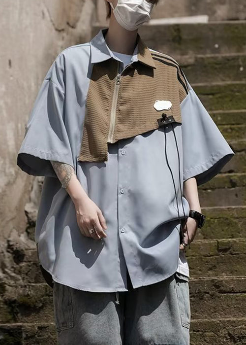 Stylish Light Blue Asymmetrical Zippered Patchwork Shirt Men Summer