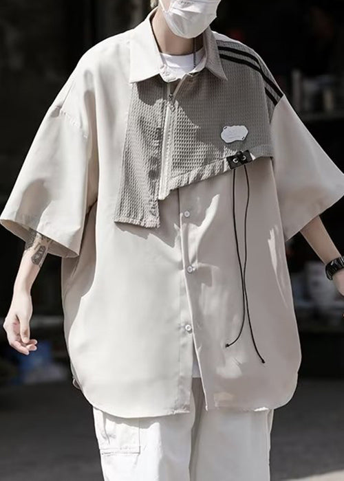 Stylish Light Blue Asymmetrical Zippered Patchwork Shirt Men Summer