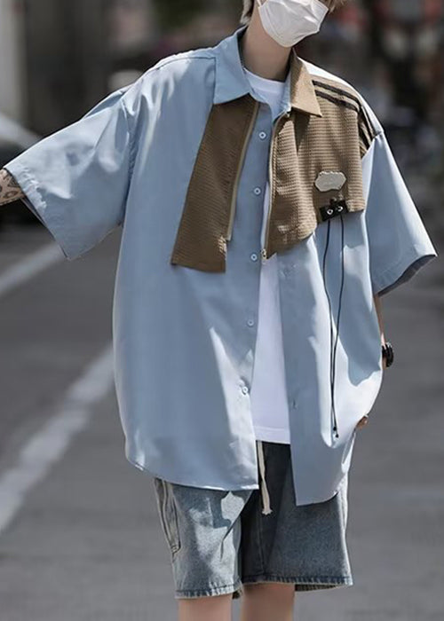 Stylish Light Blue Asymmetrical Zippered Patchwork Shirt Men Summer