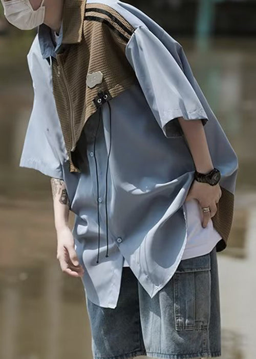 Stylish Light Blue Asymmetrical Zippered Patchwork Shirt Men Summer