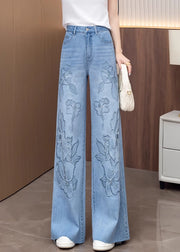 Stylish Light Blue Jacquard Denim Straight Pants Fall