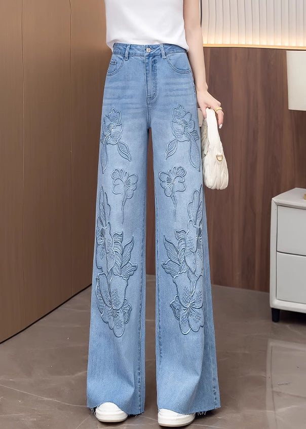 Stylish Light Blue Jacquard Denim Straight Pants Fall
