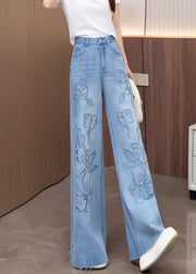 Stylish Light Blue Jacquard Denim Straight Pants Fall