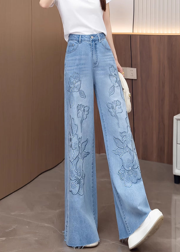Stylish Light Blue Jacquard Denim Straight Pants Fall