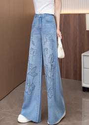 Stylish Light Blue Jacquard Denim Straight Pants Fall