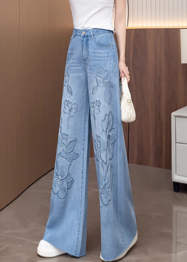 Stylish Light Blue Jacquard Denim Straight Pants Fall