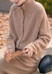 Stylish Light Camel Stand Collar Button Patchwork Knit Coat Fall