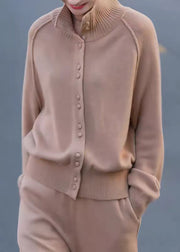 Stylish Light Camel Stand Collar Button Patchwork Knit Coat Fall