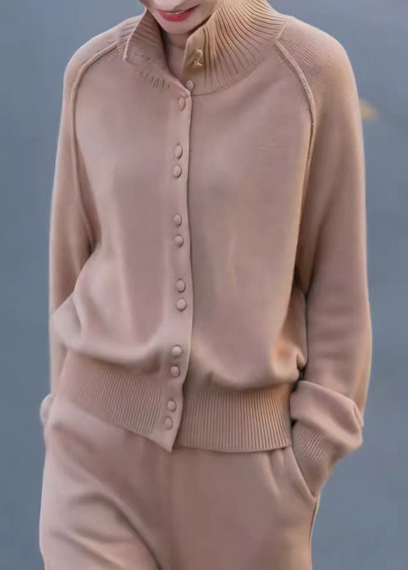 Stylish Light Camel Stand Collar Button Patchwork Knit Coat Fall