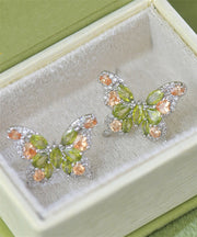 Stylish Light Green Copper Overgild Zircon Butterfly Stud Earrings