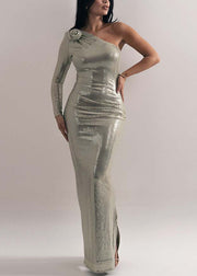 Stylish Light Green One Shoulder Sequins Side Open Long Dress Spring