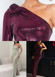 Stylish Light Green One Shoulder Sequins Side Open Long Dress Spring