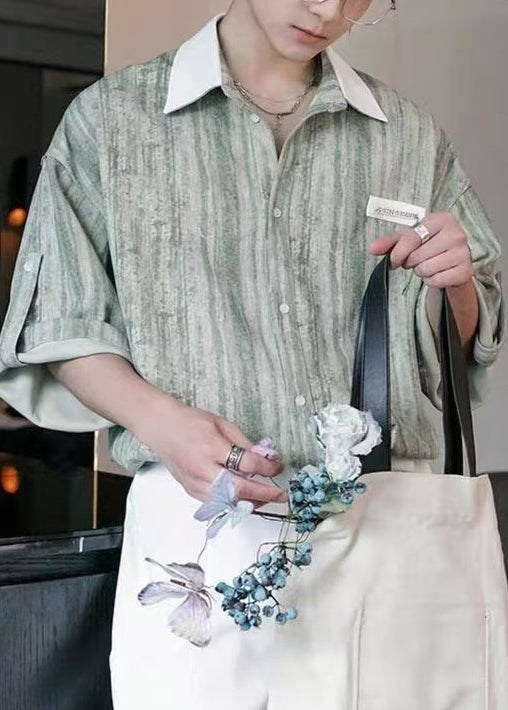 Stylish Light Green Striped Button Patchwork Cotton Men Shirts Half Sleeve