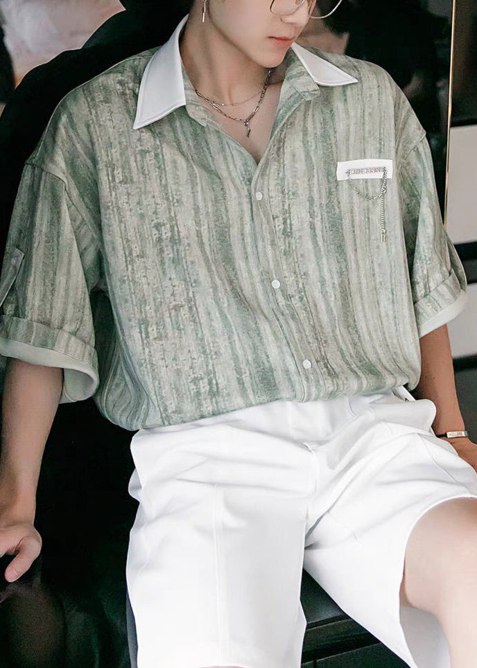 Stylish Light Green Striped Button Patchwork Cotton Men Shirts Half Sleeve