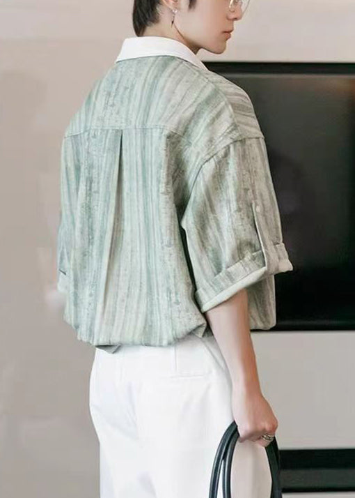 Stylish Light Green Striped Button Patchwork Cotton Men Shirts Half Sleeve