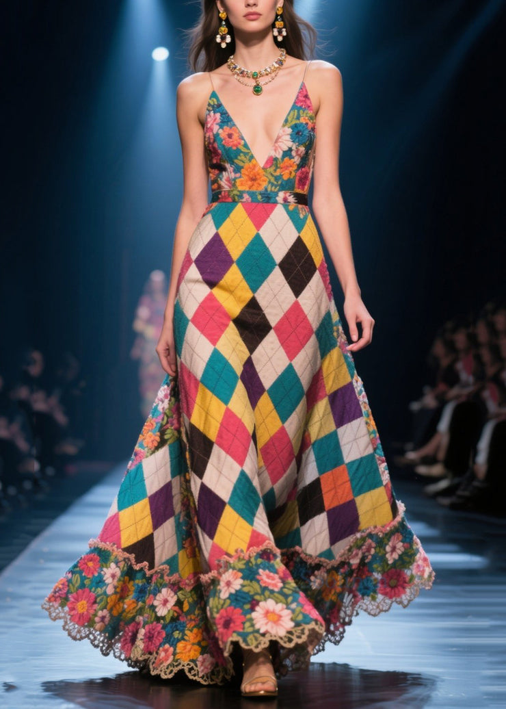 Stylish Multicolour Plaid Patchwork Exra Large Hem Long Dresses Summer