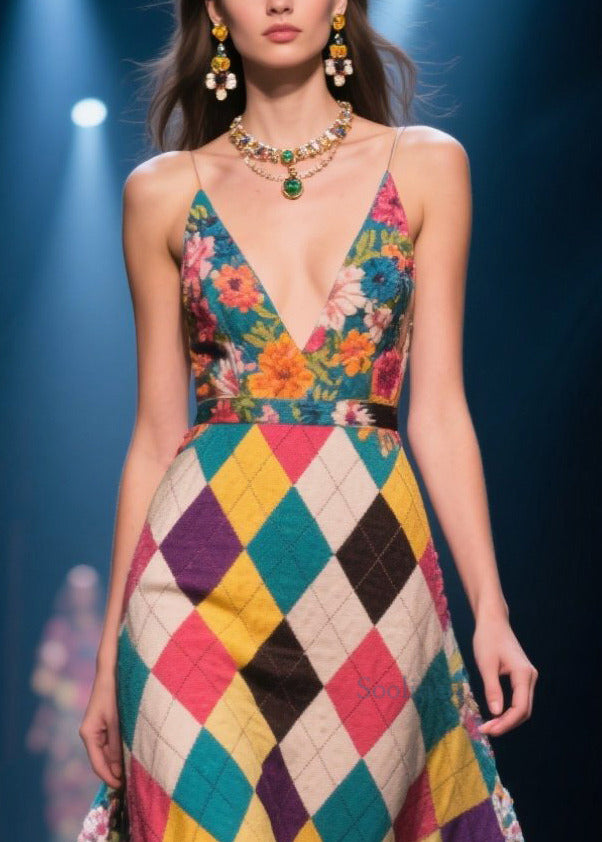 Stylish Multicolour Plaid Patchwork Exra Large Hem Long Dresses Summer