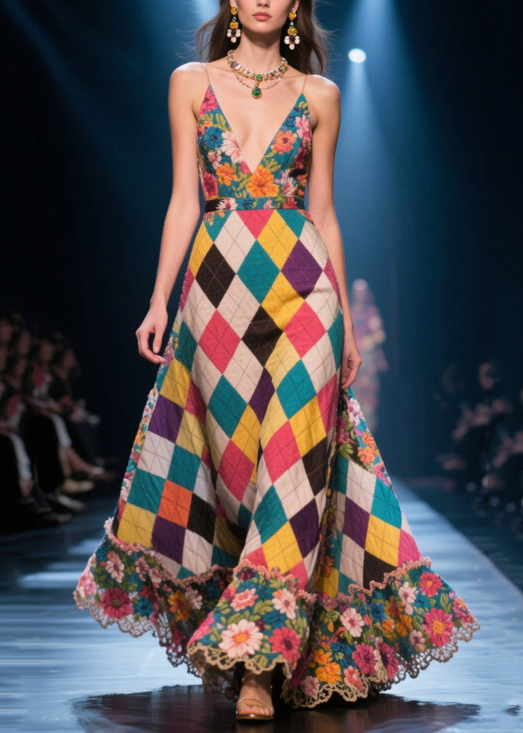 Stylish Multicolour Plaid Patchwork Exra Large Hem Long Dresses Summer