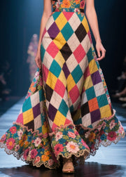 Stylish Multicolour Plaid Patchwork Exra Large Hem Long Dresses Summer