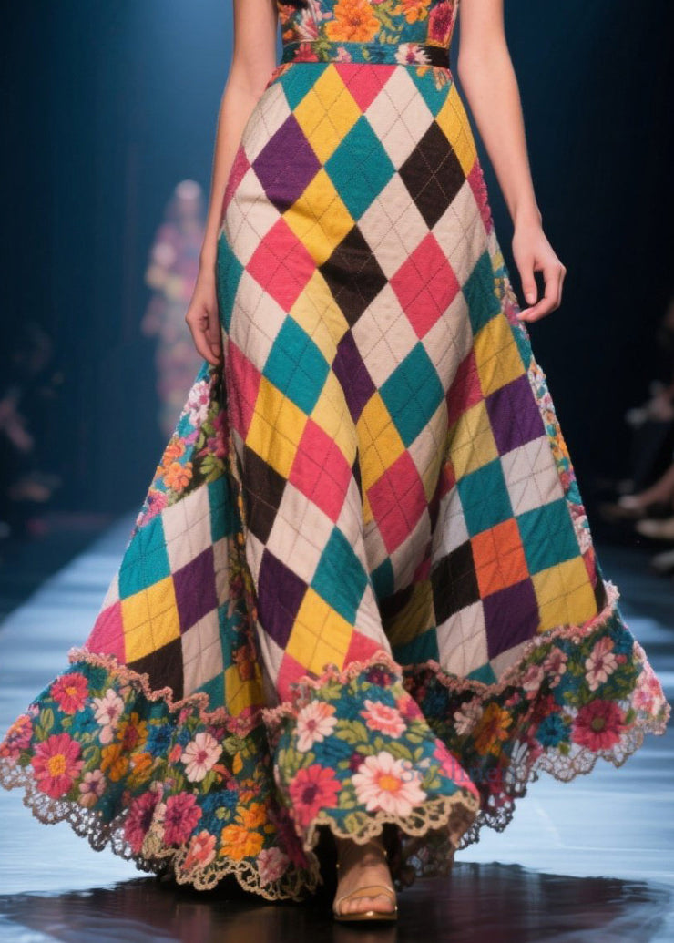 Stylish Multicolour Plaid Patchwork Exra Large Hem Long Dresses Summer