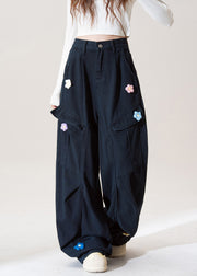 Stylish Navy Embroidered Pockets Floral Cotton Pants Fall